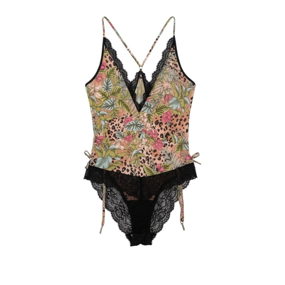 INC International Concepts Lace Chiffon Floral Lingerie Bodysuit‎ Jungle Leopard